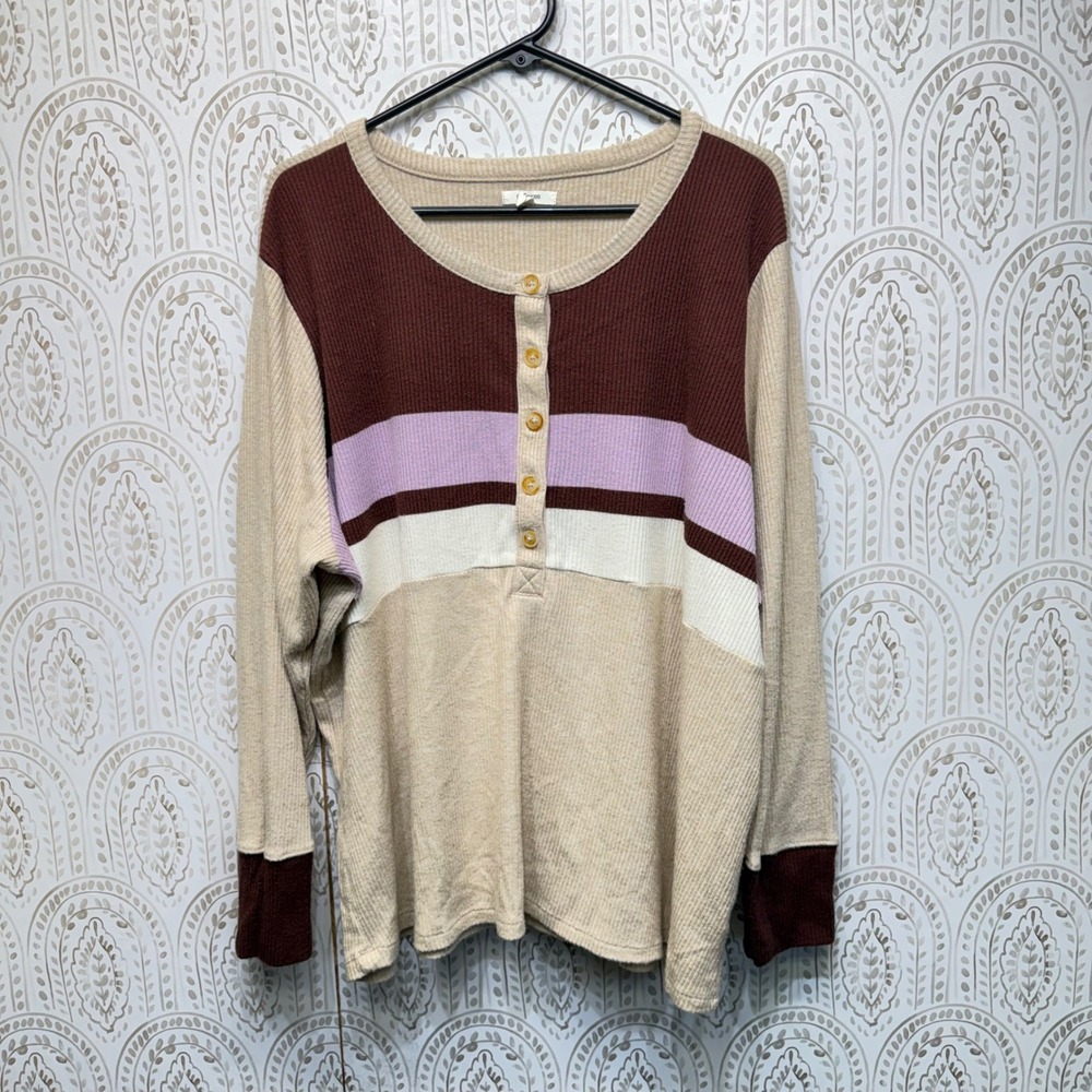 Maurices Henley Top Womens 3X Beige Colorblock Ribbed Knit Long Sleeve Sweater